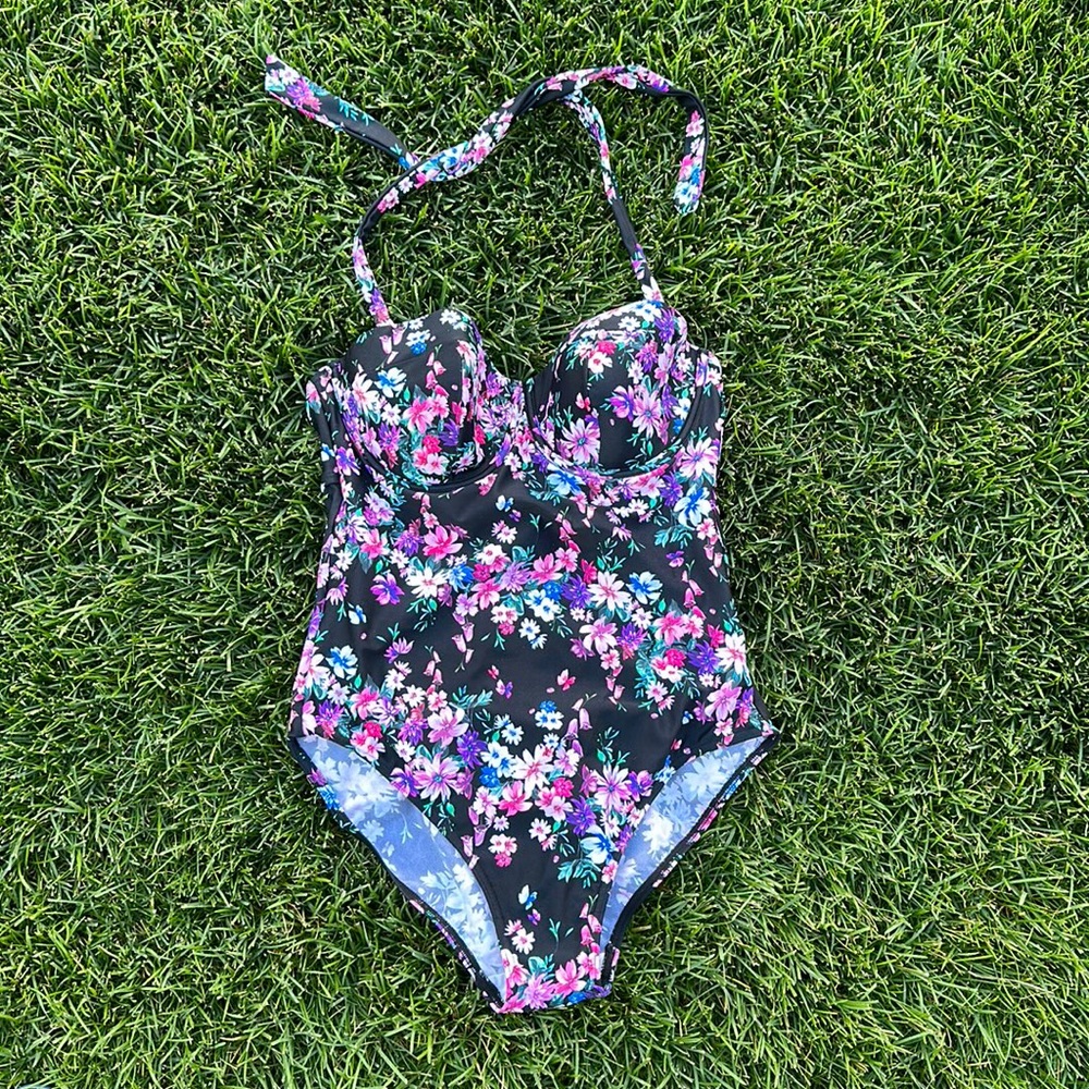 Figleaves halter floral one piece swimsuit.
